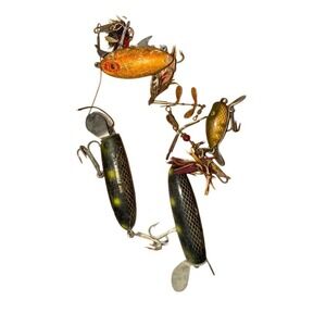 Vintage Fishing Lure Lot 3pc Topwater Prop Baits Treble Hooks Multicolor